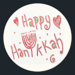 Pegatina Redonda Happy Hannukah<br><div class="desc">Este fantasioso diseño de Happy Hannukah presenta una menorah en lugar de la "U" en la palabra, Hannukah. Esta ortografía se ha convertido en la ortografía más aceptable en inglés, así que aunque normalmente la deletrees Hanuka o Chanukah, no puedes equivocarte con esta. El color rojo lo hace alegre y...</div>