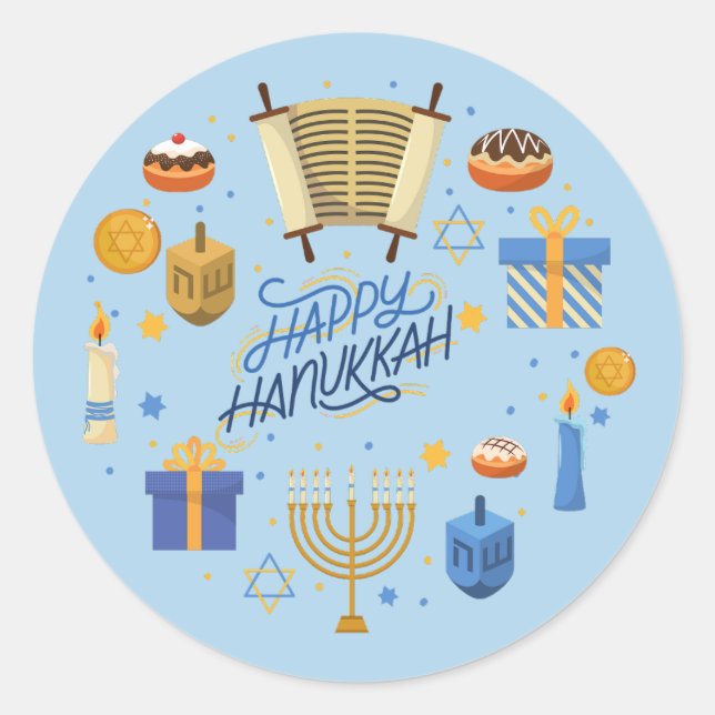 Pegatina Redonda Happy Hanukkah Cute (Anverso)
