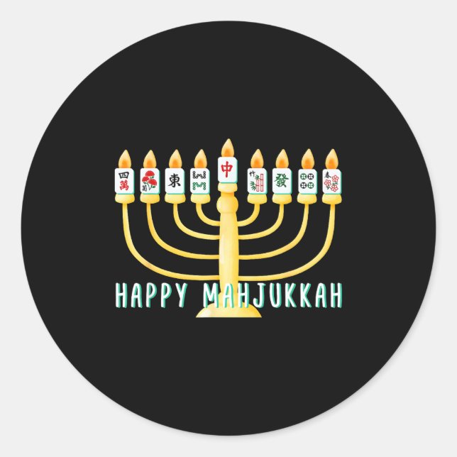Pegatina Redonda Happy Hanukkah Mahjong Menorah Mahjukkah Chanukkah (Anverso)