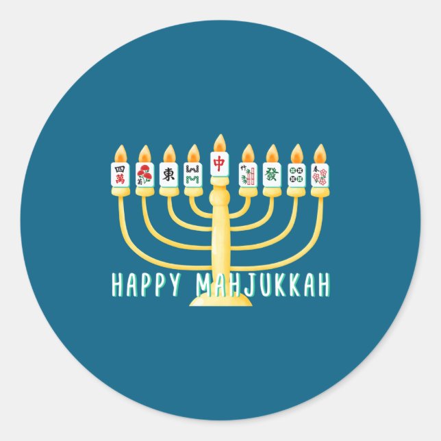 Pegatina Redonda Happy Hanukkah Mahjong Menorah Mahjukkah Chanukkah (Anverso)