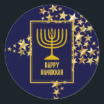 Pegatina Redonda HAPPY HANUKKAH | Menorah | Estrellas de oro | NAVY<br><div class="desc">Elegantes pegatinas festivos de HANUKKAH con falsas estrellas de oro. LAS BENDICIONES DE VACACIONES aparecen en un sutil patrón de fondo.</div>