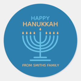 Pegatina Redonda Happy Hanukkah Minimalist Blue Family Photo