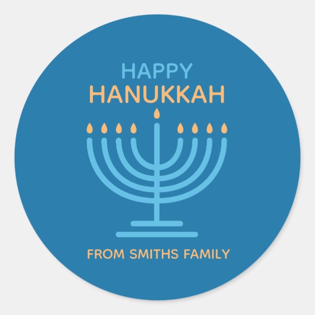 Pegatina Redonda Happy Hanukkah Minimalist Blue Family Photo (Anverso)