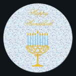 Pegatina Redonda HAPPY HANUKKAH Pegatinas del PERSONALIZABLE Hebreo<br><div class="desc">FELIZ HANNUKAH Pegatinas de Regalo de Navidad con Estrellas de David, Menorah y Cartas Hebreas - Con innegable estilo elegante, este exclusivo regalo de Hanukkah pegatinas es perfecto para traer sonrisa en los rostros de tus amigos y familia durante la temporada de vacaciones!!! Este es un hermoso accesorio de regalos...</div>