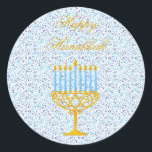 Pegatina Redonda HAPPY HANUKKAH Pegatinas del PERSONALIZABLE Hebreo<br><div class="desc">FELIZ HANNUKAH Pegatinas de Regalo de Navidad con Estrellas de David, Menorah y Cartas Hebreas - Con innegable estilo elegante, este exclusivo regalo de Hanukkah pegatinas es perfecto para traer sonrisa en los rostros de tus amigos y familia durante la temporada de vacaciones!!! Este es un hermoso accesorio de regalos...</div>