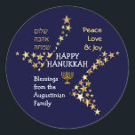 Pegatina Redonda HAPPY HANUKKAH Personalizado<br><div class="desc">Elegantes pegatinas HANUKKAH personalizados en azul y oro para desear a su familia y amigos un Hanukkah feliz. El diseño muestra un texto que dice HAPPY HANUKKAH en la tipografía blanca en el centro, con PEACE, LOVE & JOY en la tipografía de color oro en una esquina, y también escrito...</div>