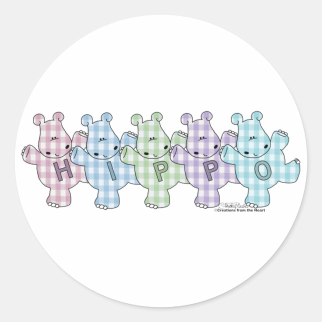 Pegatina Redonda Happy Hippos pastel gingham (Anverso)