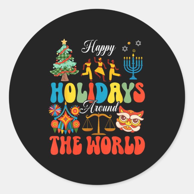 Pegatina Redonda Happy Holidays Around World Christmas Hanukkah Diw (Anverso)