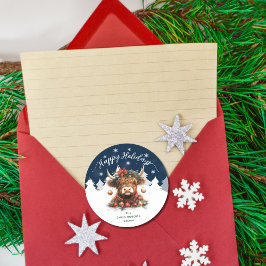 Pegatina Redonda Happy Holidays Business Festive Highland Cow