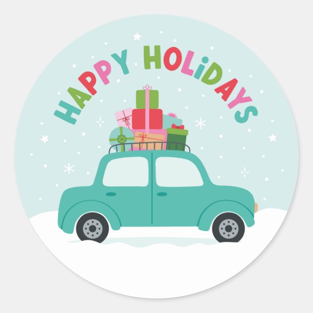 Pegatina Redonda Happy Holidays Car with Gifts in Aqua Blue (Anverso)