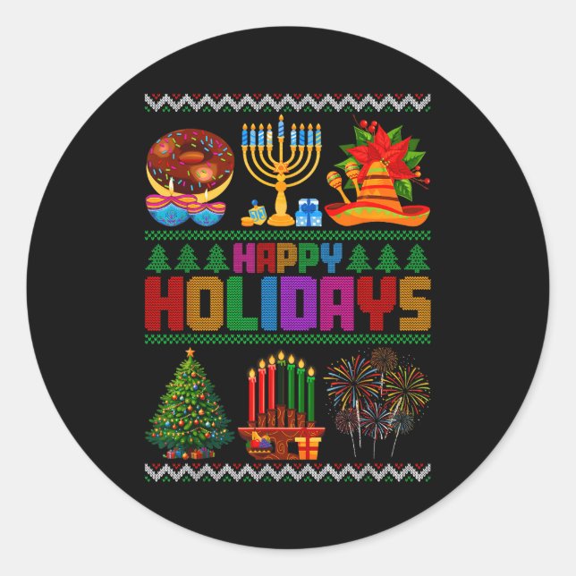 Pegatina Redonda Happy Holidays Christmas Hanukkah Kwanzaa Happy Ne (Anverso)
