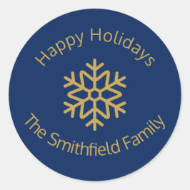 Pegatina Redonda Happy Holidays Elegant Navy Gold Snowflake Custom