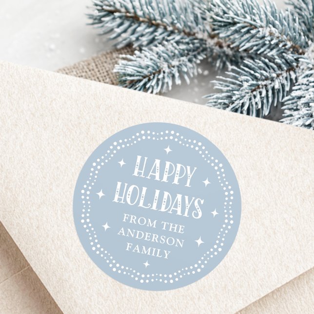 Pegatina Redonda Happy Holidays festive font dot border light blue (Happy Holidays festive font dot border light blue Classic Round Sticker)