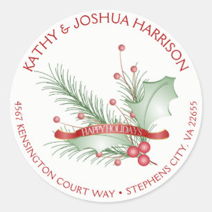 Pegatina Redonda Happy Holidays Holly Berries Pine Round Address