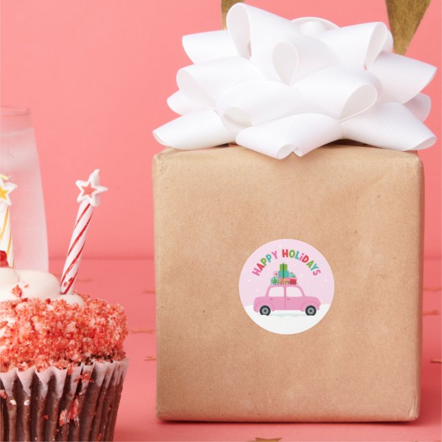 Pegatina Redonda Happy Holidays Pink Car with Gifts in Pastel Pink (Fiesta)