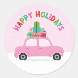 Pegatina Redonda Happy Holidays Pink Car with Gifts in Pastel Pink