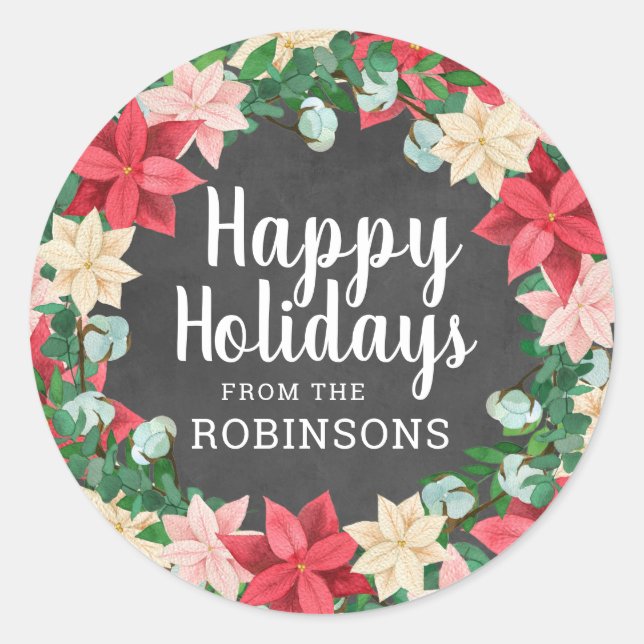 Pegatina Redonda Happy Holidays Poinsettia Chalkboard (Anverso)