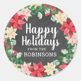 Pegatina Redonda Happy Holidays Poinsettia Chalkboard