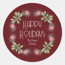 Pegatina Redonda Happy Holidays watercolor wreath sticker