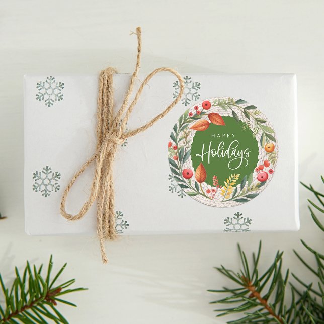 Pegatina Redonda Happy Holidays Wreath Watercolor (Happy Holidays Wreath Watercolor Classic Round Sticker)