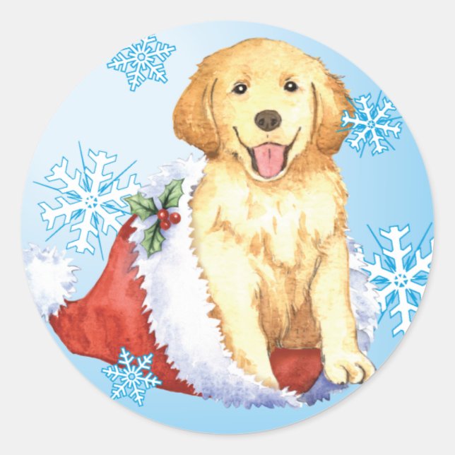 Pegatina Redonda Happy Howliday Golden Retriever (Anverso)