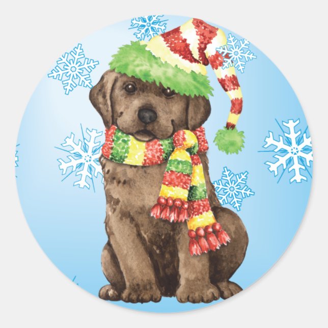 Pegatina Redonda Happy Howlidays Chocolate Lab (Anverso)