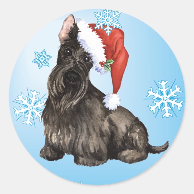 Pegatina Redonda Happy Howlidays Scottish Terrier (Anverso)