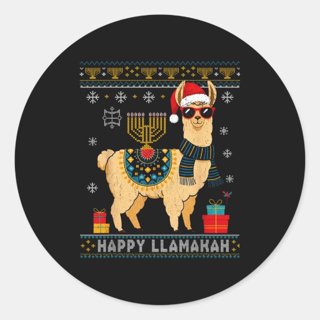 Pegatina Redonda Happy Llamakah Funny Ugly Hanukkah Sweater Llama P (Anverso)