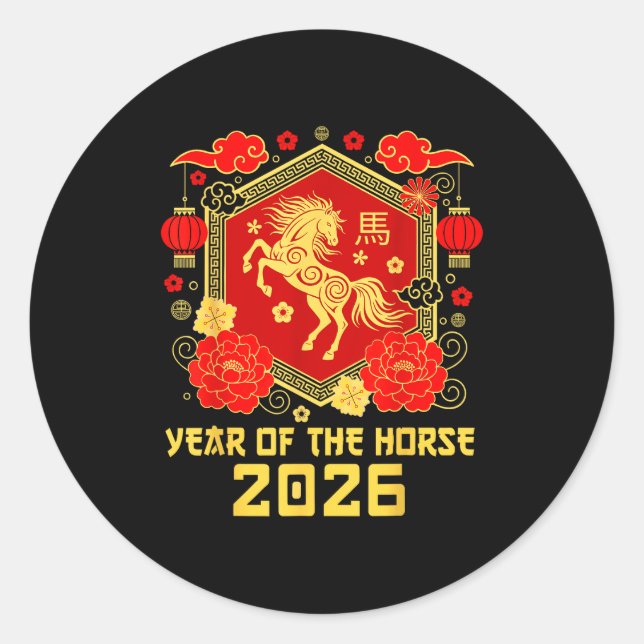Pegatina Redonda Happy Lunar Chinese New Year Of The Horse 2026 Zod (Anverso)
