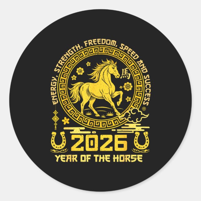 Pegatina Redonda Happy Lunar Chinese New Year Of The Horse 2026 Zod (Anverso)