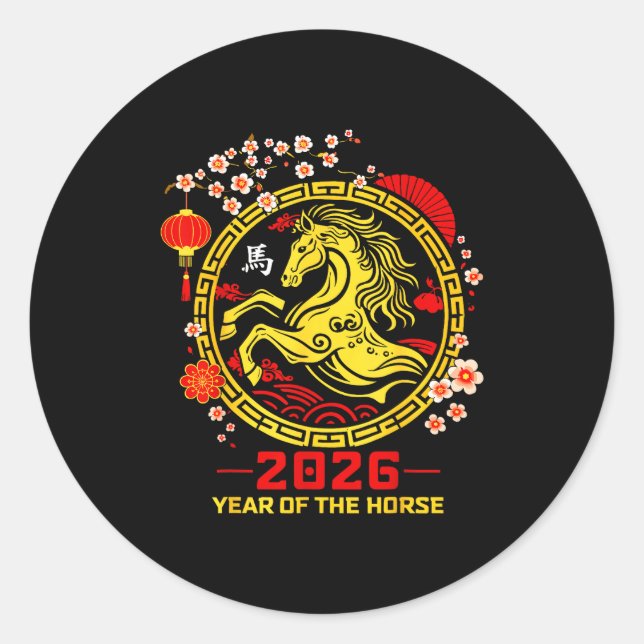 Pegatina Redonda Happy Lunar Chinese New Year Of The Horse 2026 Zod (Anverso)