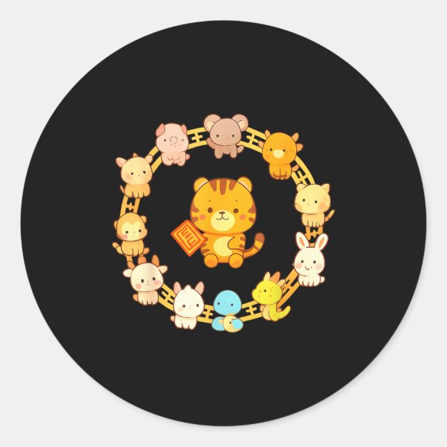 Pegatina Redonda Happy Lunar New Year Animals 12 Chinese Zodiac Sig (Anverso)