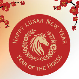 Pegatina Redonda Happy Lunar New Year of the Horse Wreath Flowers