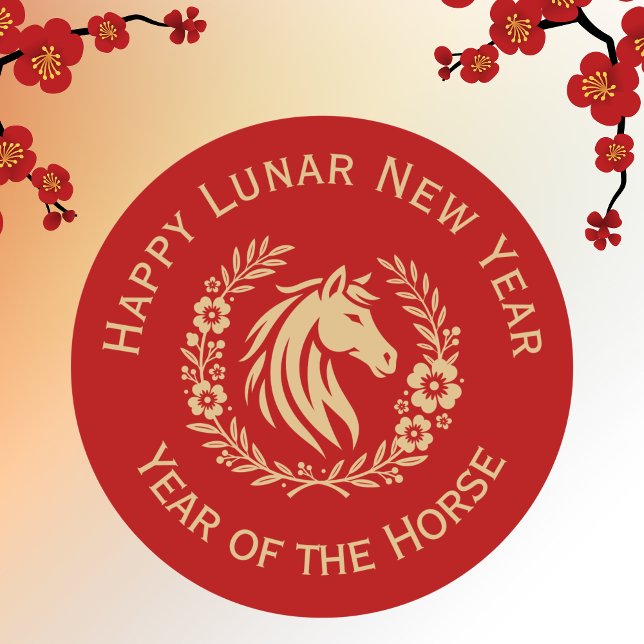 Pegatina Redonda Happy Lunar New Year of the Horse Wreath Flowers (Subido por el creador)
