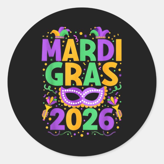 Pegatina Redonda Happy Mardi Gras 2026 Costume New Orleans Matching (Anverso)