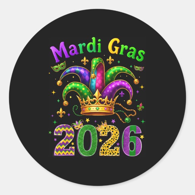 Pegatina Redonda Happy Mardi Gras 2026 Jester Hat Men Women Kid Car (Anverso)