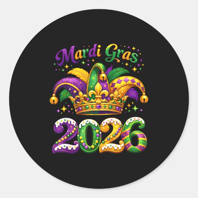 Pegatina Redonda Happy Mardi Gras 2026 Jester Hat New Orleans Men W (Anverso)