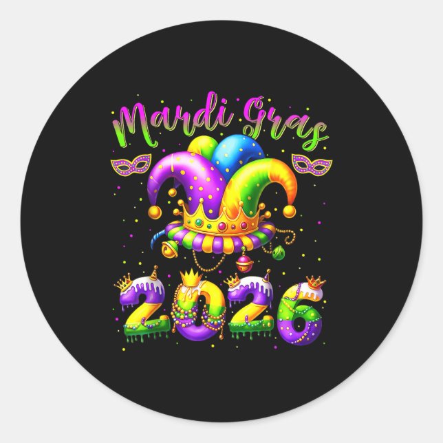 Pegatina Redonda Happy Mardi Gras 2026 Jester Hat New Orleans Men W (Anverso)