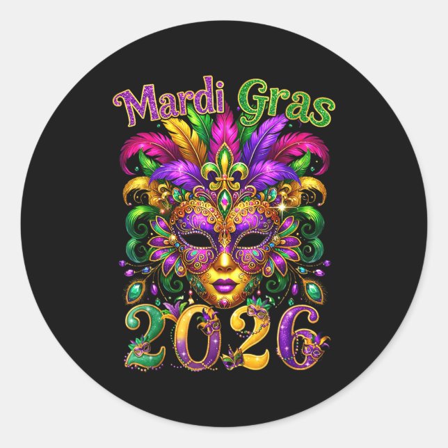 Pegatina Redonda Happy Mardi Gras 2026 Jester Hat New Orleans Men W (Anverso)