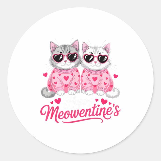 Pegatina Redonda Happy Meowentine’s Cute Romantic Cats Couple Valen (Anverso)