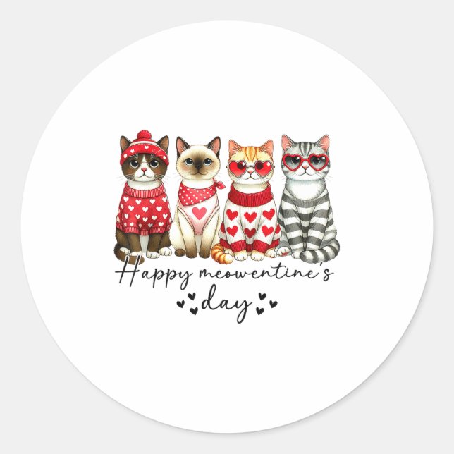 Pegatina Redonda Happy Meowentine's Day Cute Valentines Funny Cat S (Anverso)