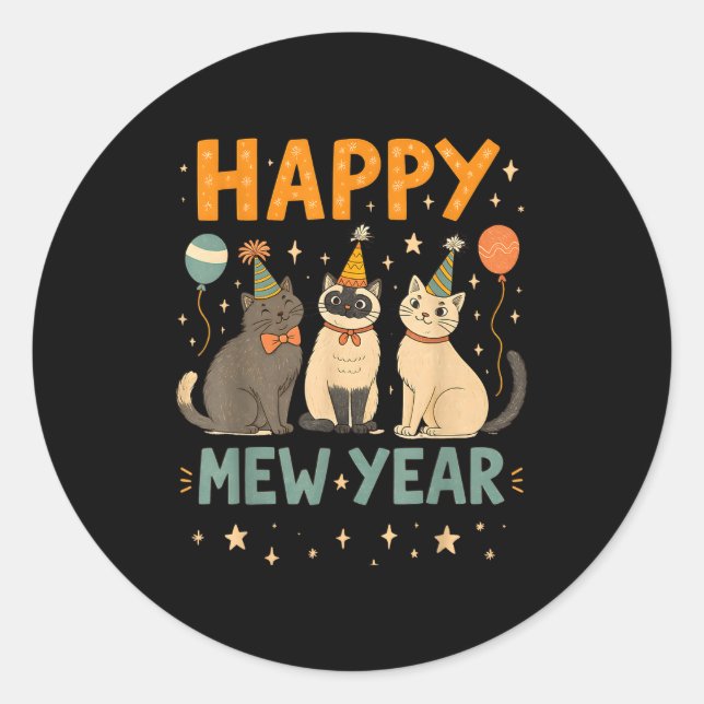 Pegatina Redonda Happy Mew Year Cat Party  (Anverso)