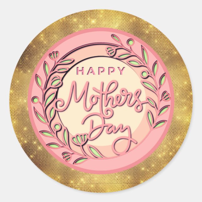 Pegatina Redonda Happy Mother's Day Elegant Modern Pink Floral (Anverso)
