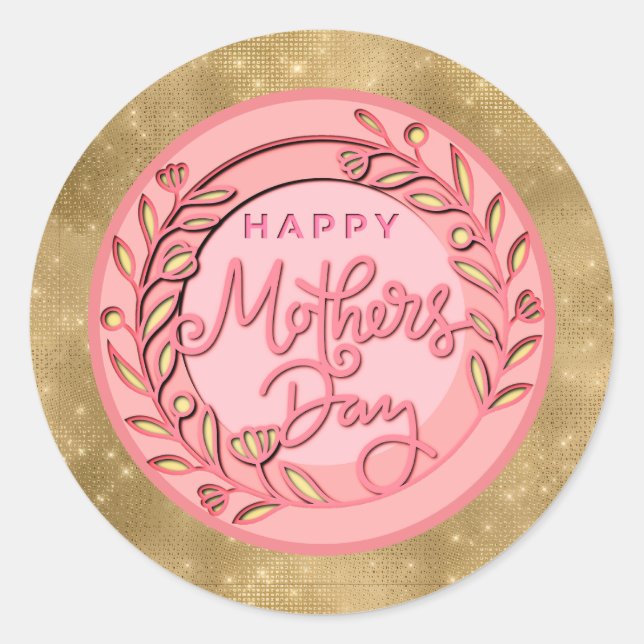 Pegatina Redonda Happy Mother's Day Elegant Modern Pink Floral (Anverso)