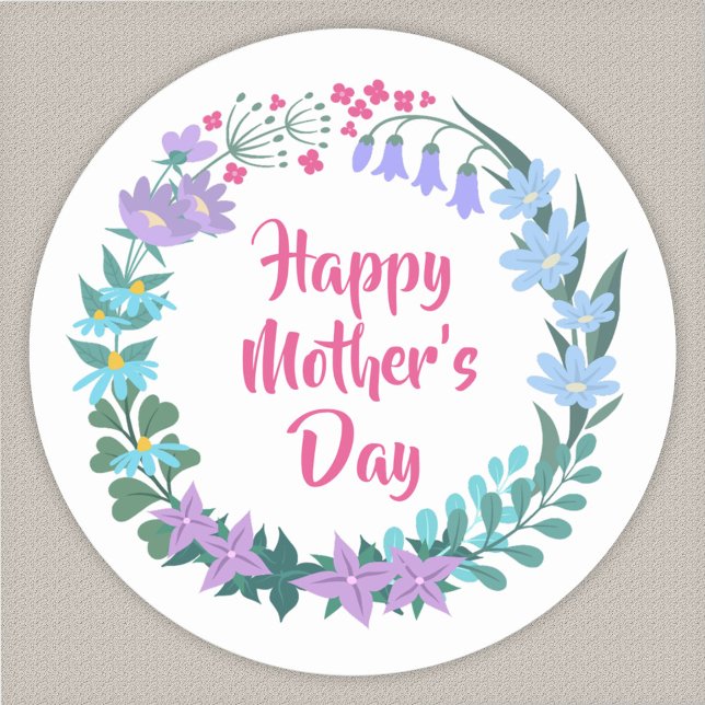 Pegatina Redonda Happy Mother's Day Floral Blue Pink Flower Wreath (Subido por el creador)