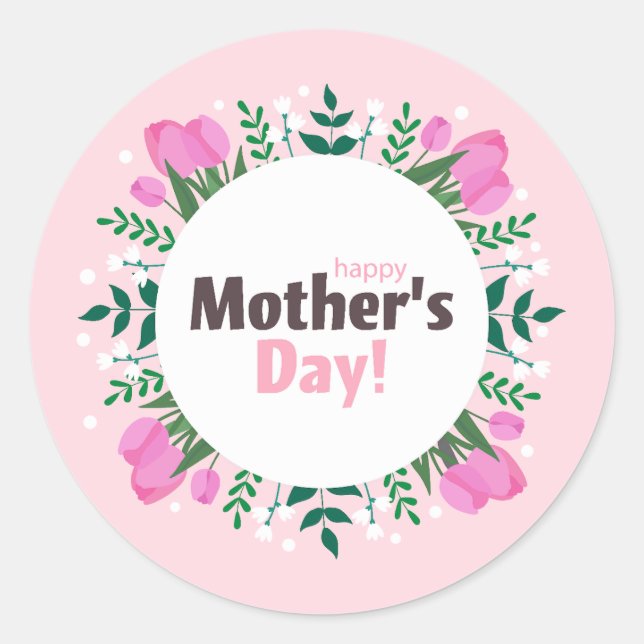 Pegatina Redonda Happy Mother's Day Pink Tulips  (Anverso)