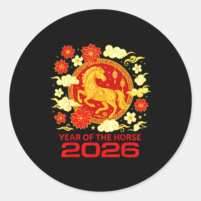Pegatina Redonda Happy New Year 2026 Chinese New Year Horse Zodiac  (Anverso)
