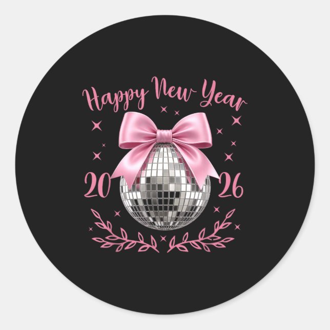 Pegatina Redonda Happy New Year 2026 Coquette Nk Bow Disco Ball Wom (Anverso)