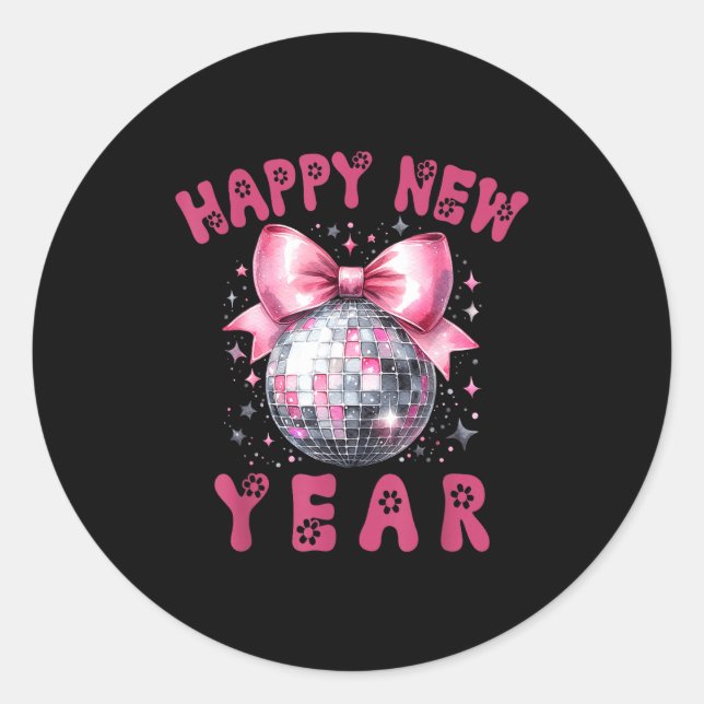 Pegatina Redonda Happy New Year 2026 Coquette Nk Bow Disco Ball Wom (Anverso)