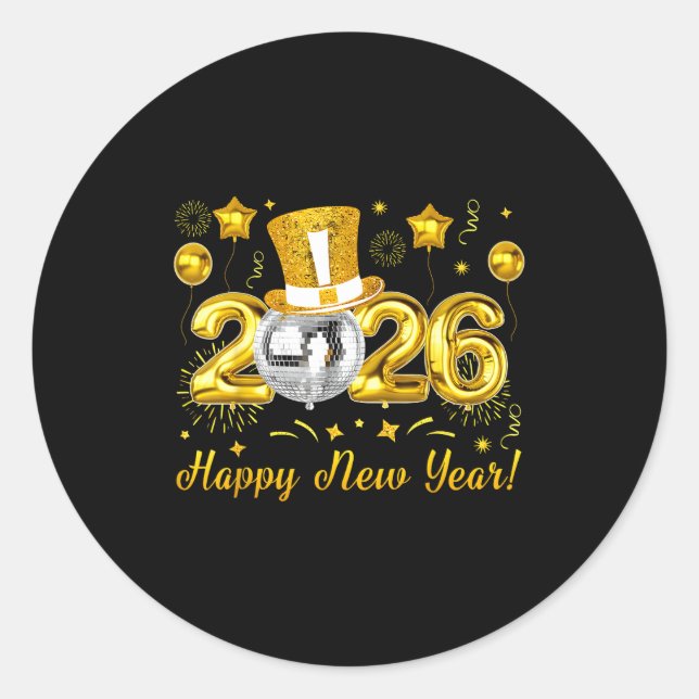 Pegatina Redonda Happy New Year 2026 Countdown Party Balloons Firew (Anverso)